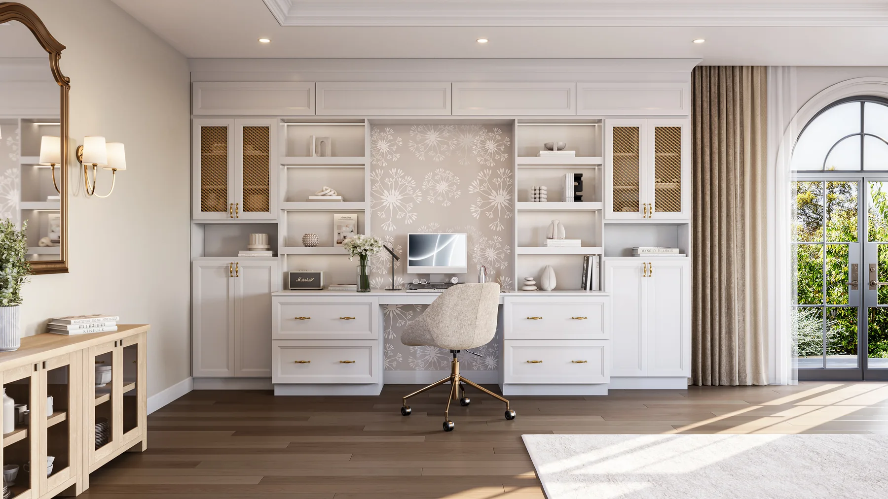 Built-in home office cabinetry with desk surface, drawers and upper storage